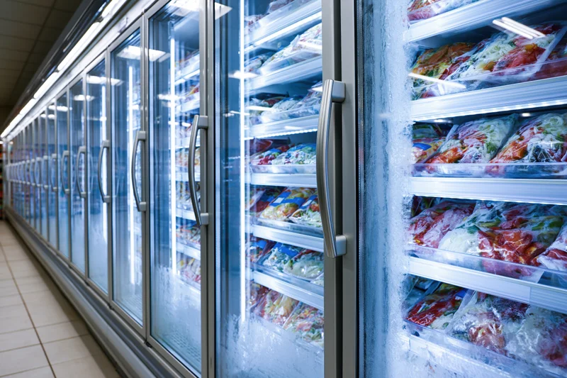 Row of glass-door commercial freezers in a grocery store aisle filled with frozen food packages