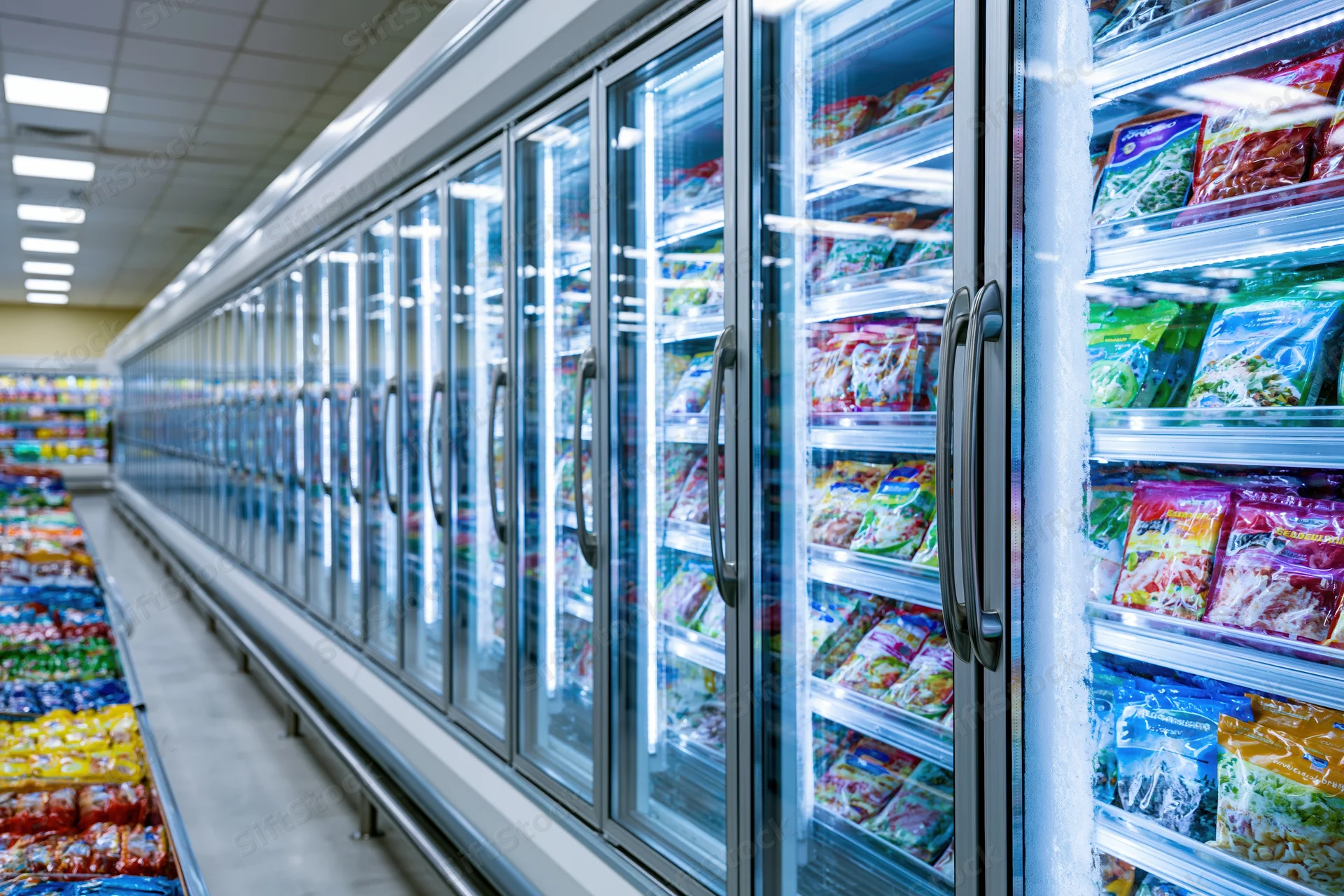 Row of glass-door commercial freezer cases in a grocery store aisle