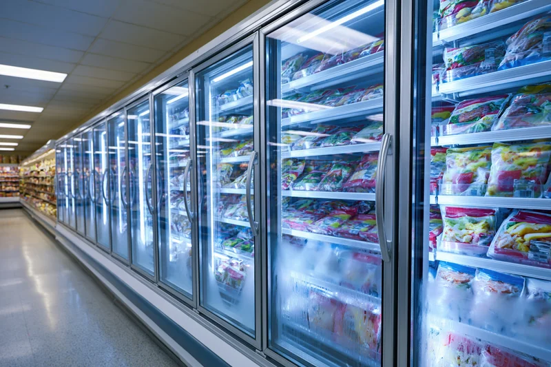 Row of glass-door commercial freezer cases in a grocery store aisle
