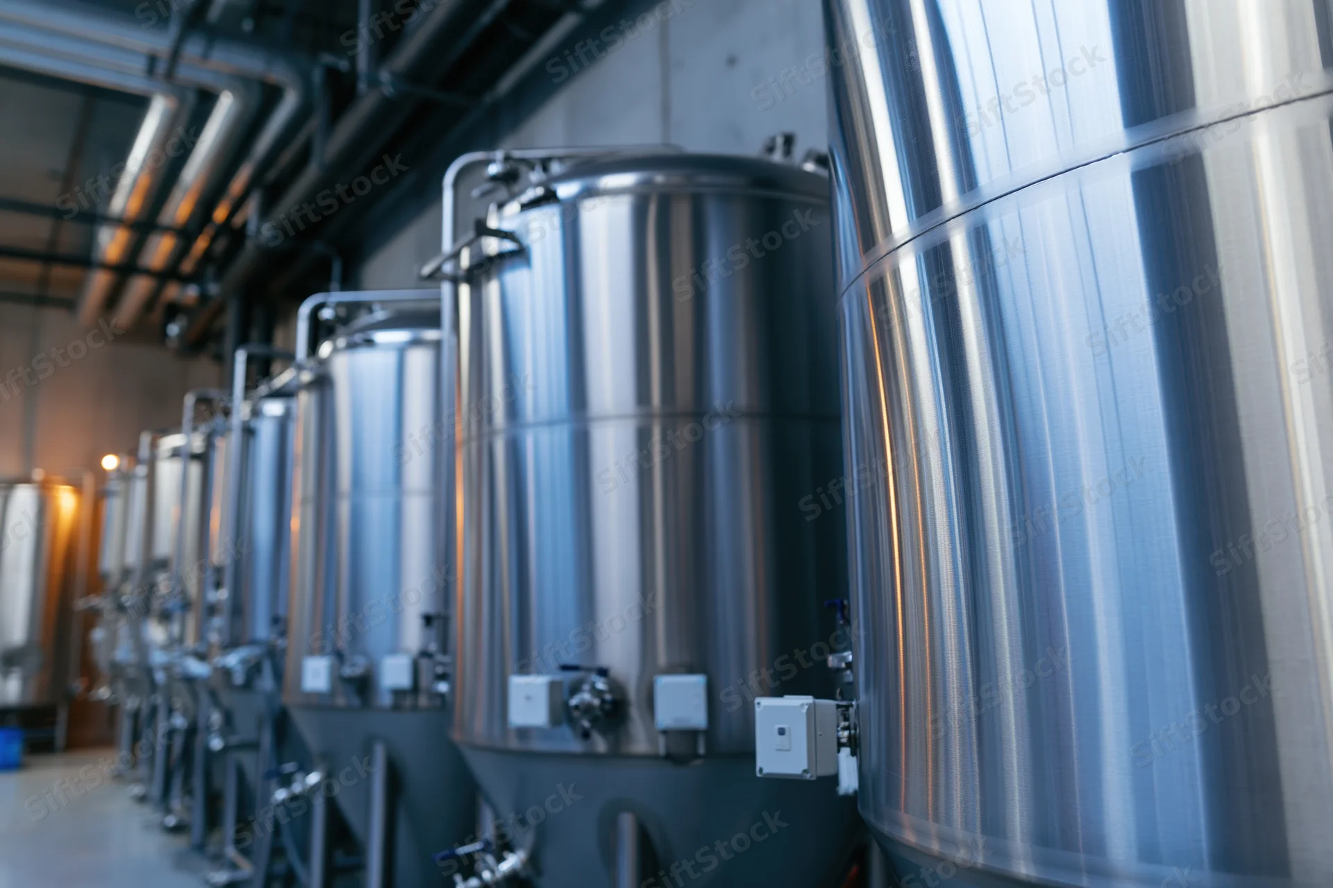 Row of stainless steel fermentation tanks in a brewery interior
