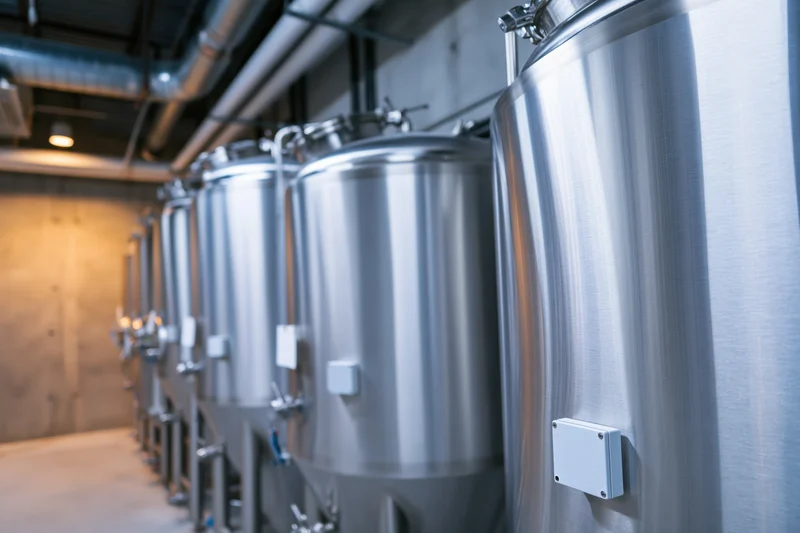 Row of stainless steel fermentation tanks in a brewery interior
