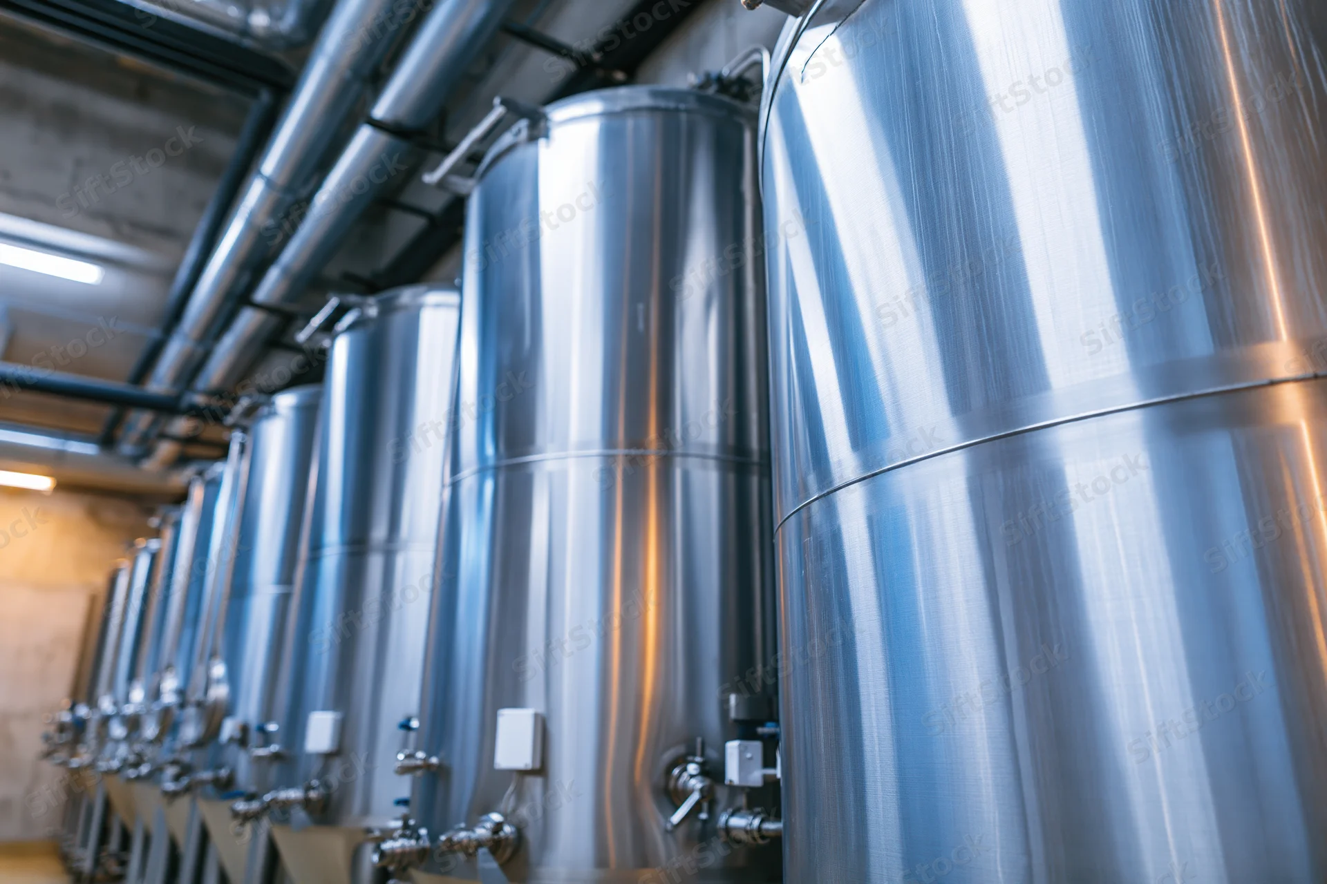 Row of stainless steel fermentation tanks in a brewery interior
