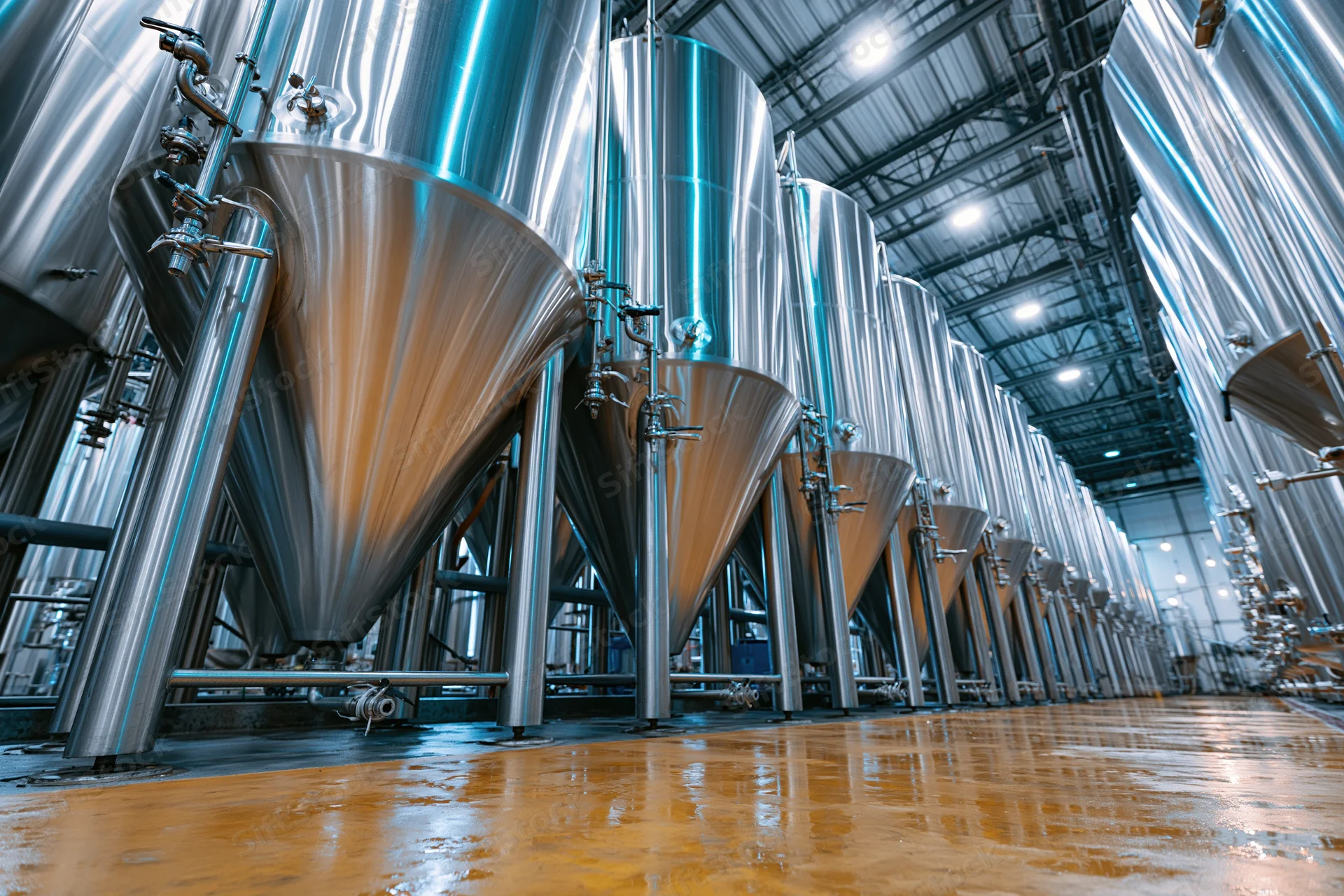 Row of tall stainless steel conical fermentation tanks inside a brewery production facility
