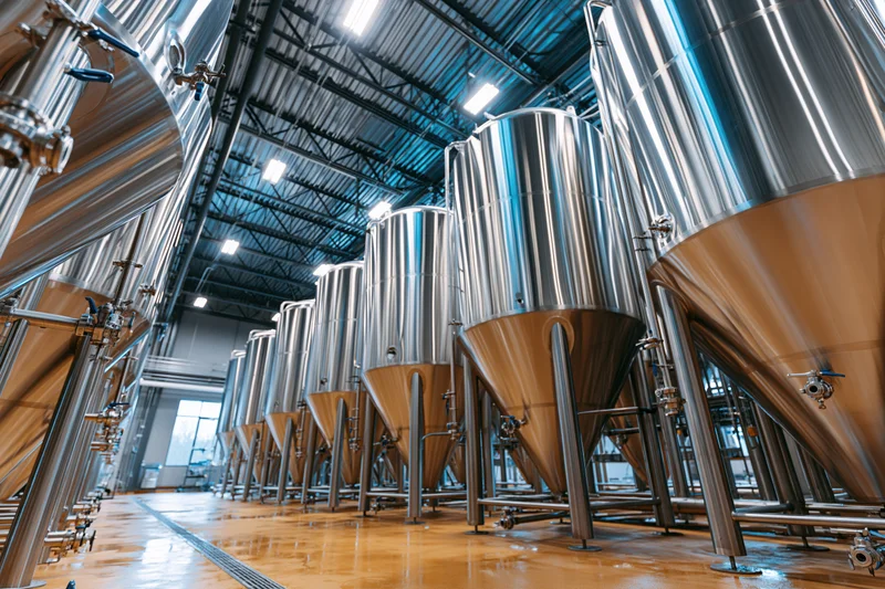 Row of stainless steel conical fermentation tanks in a brewery interior