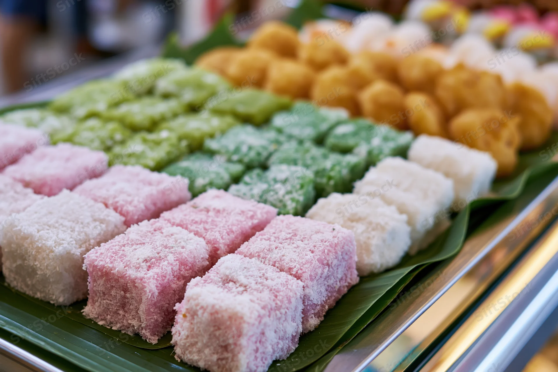 Rows of colorful southeast asian kueh sweets arranged on banana leaf tray at market display