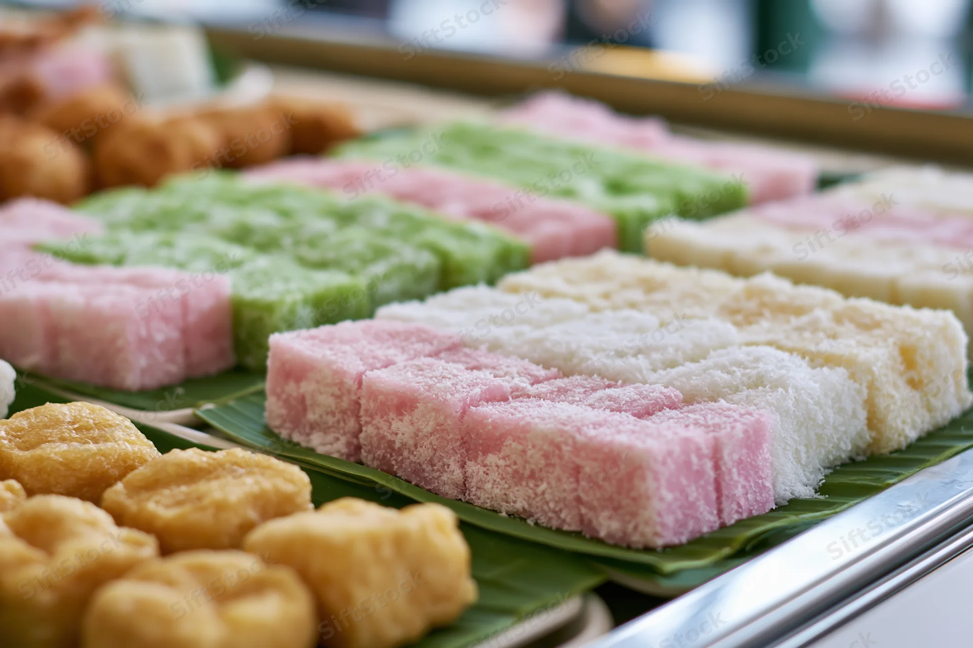 Rows of colorful southeast asian kueh sweets arranged on banana leaves in a display tray