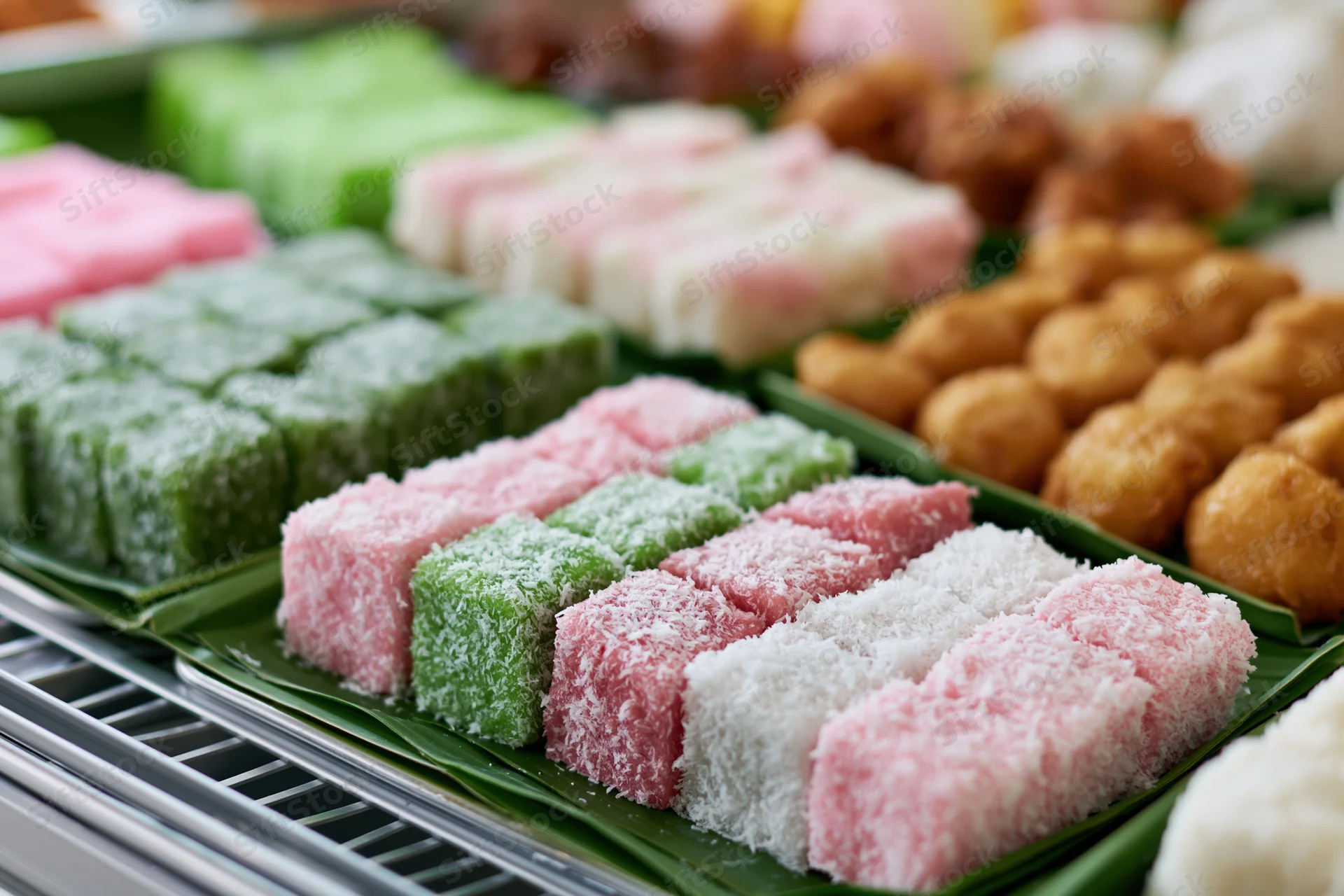 Rows of colorful southeast asian kueh sweets arranged on banana leaves in a market display