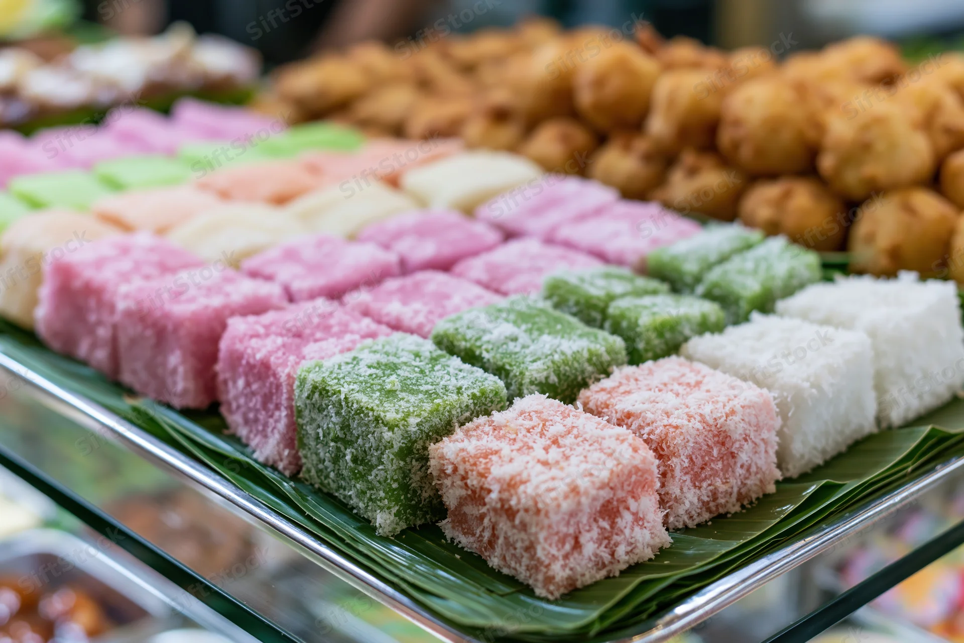 Rows of colorful southeast asian kueh sweets arranged on banana leaves in a market display