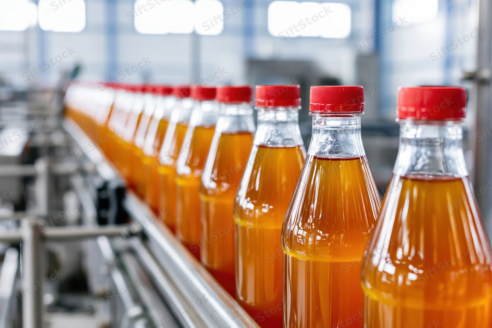 Amber juice bottles with red caps moving along conveyor in factory