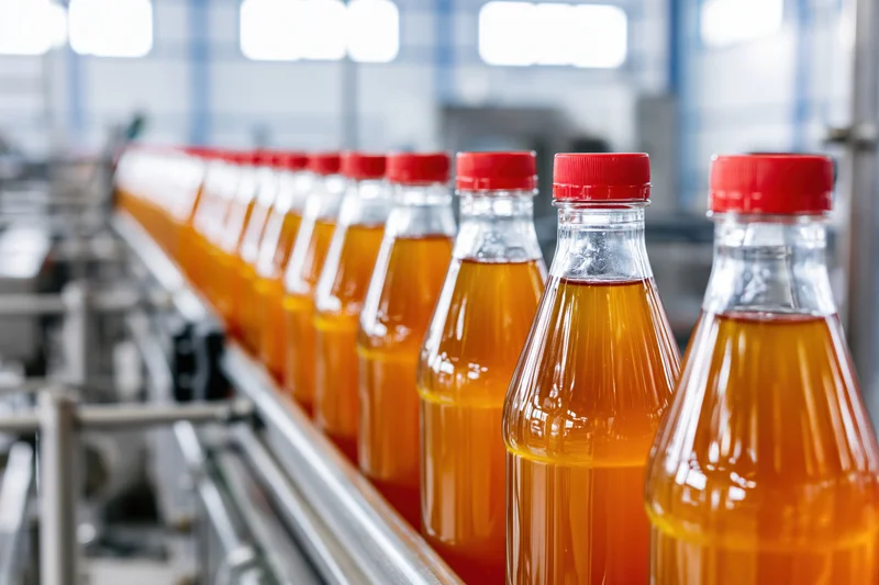 Amber juice bottles with red caps moving along conveyor in factory