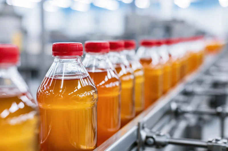 Amber juice in glass bottles with red caps moving along a conveyor belt in a factory