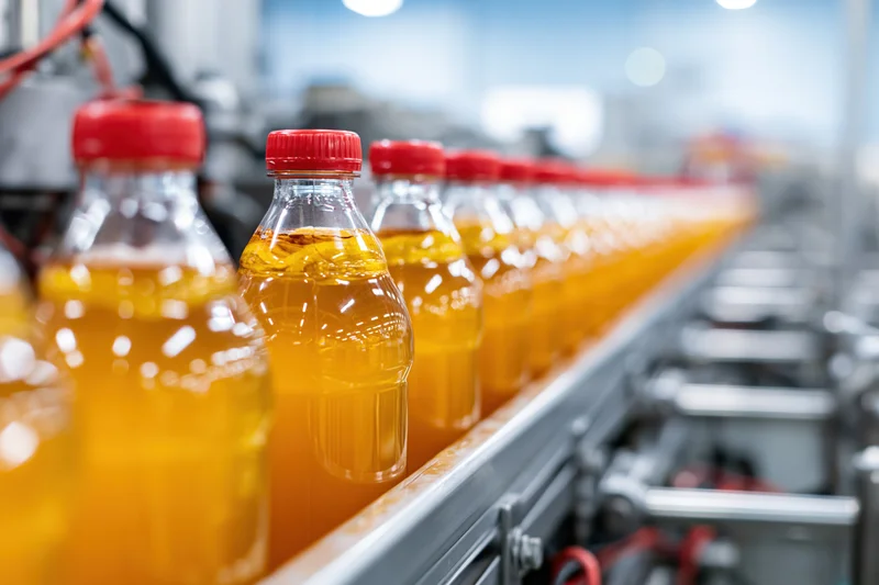 Amber juice bottles moving along a conveyor line in a factory
