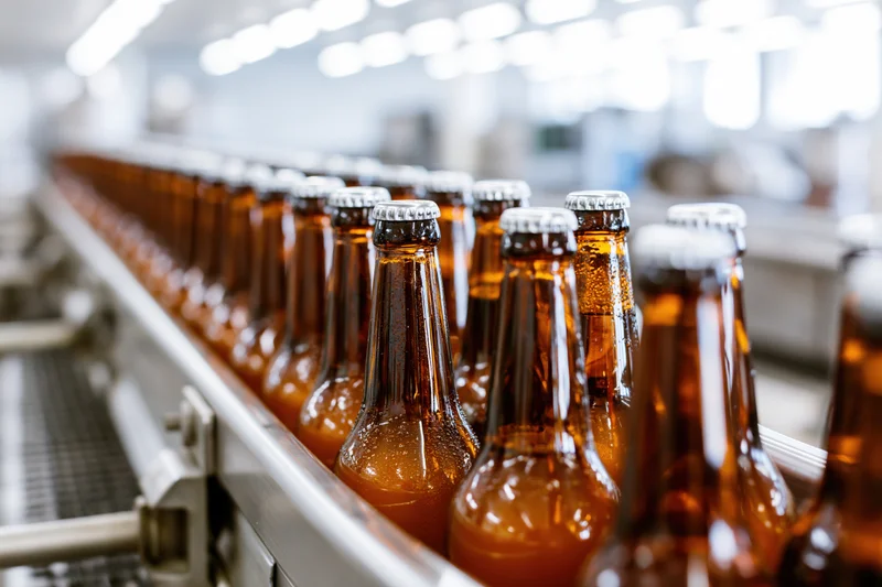 Amber glass beer bottles moving along a conveyor line in a brewery production facility