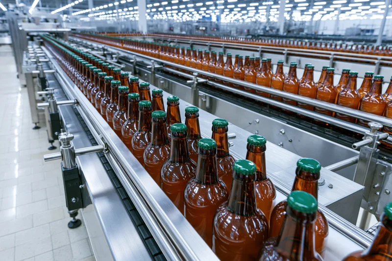 Amber glass beer bottles with green caps moving along conveyor lines in a factory