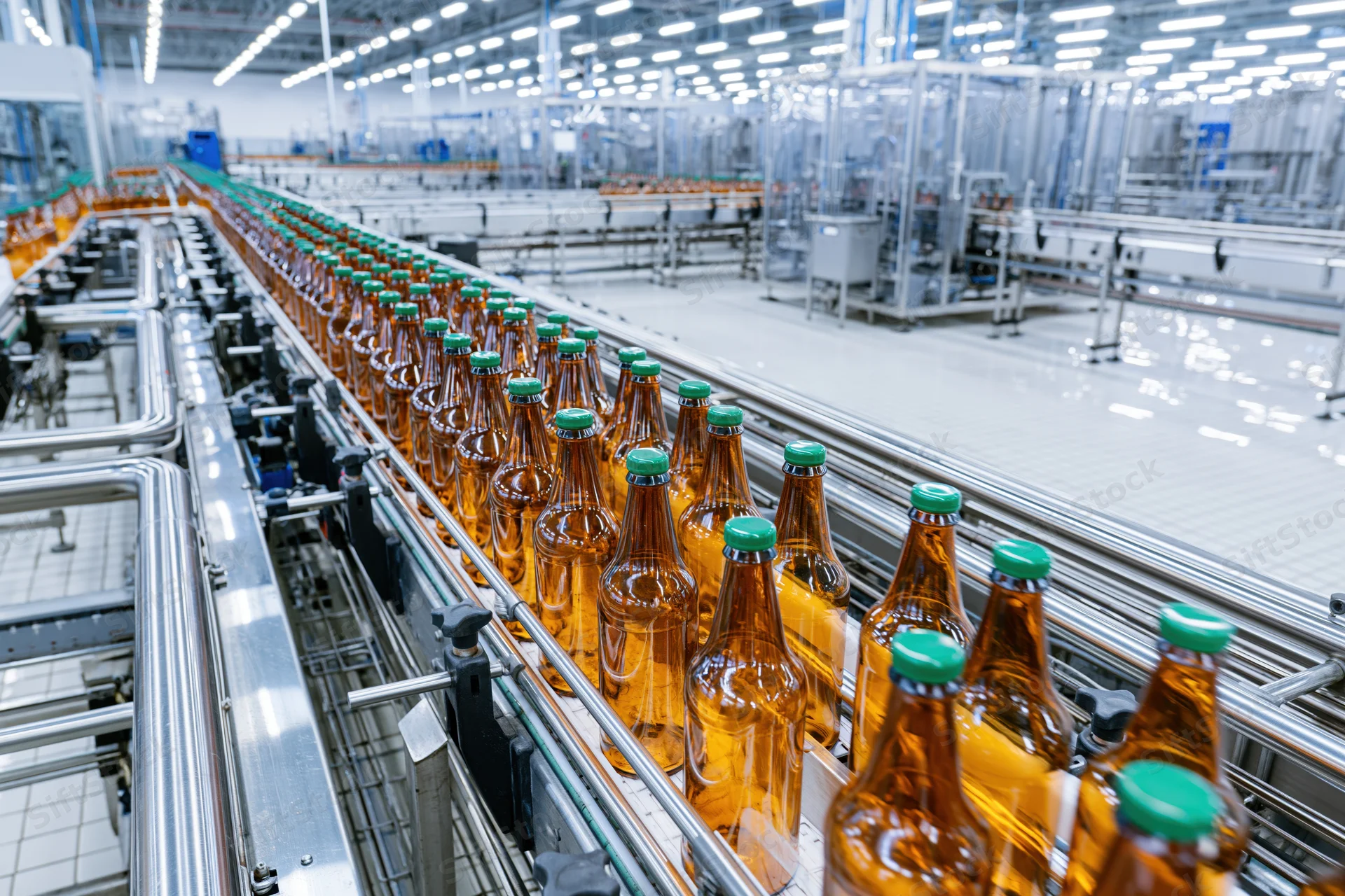 Amber glass bottles with green caps moving along conveyor belt in factory