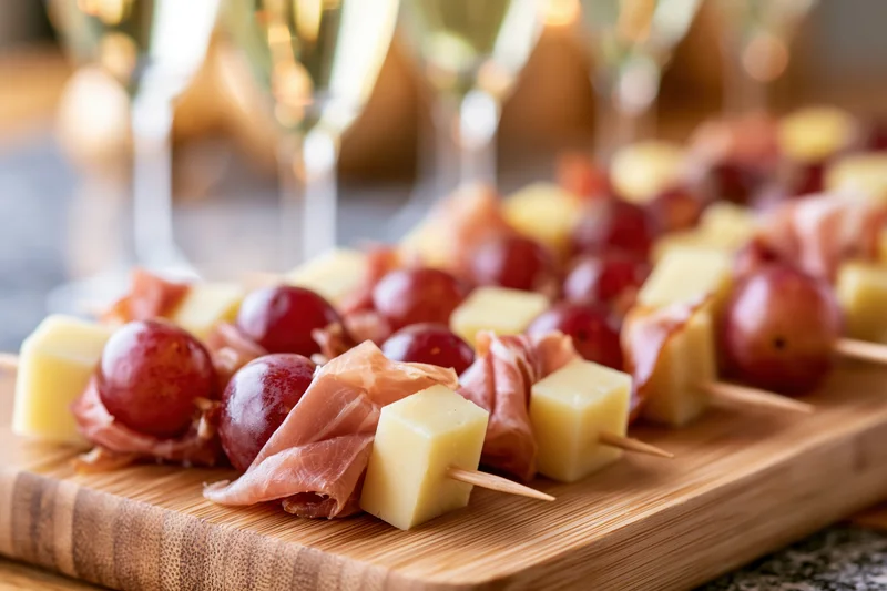 Appetizer skewers with cheese, grapes and prosciutto arranged on a wooden serving board