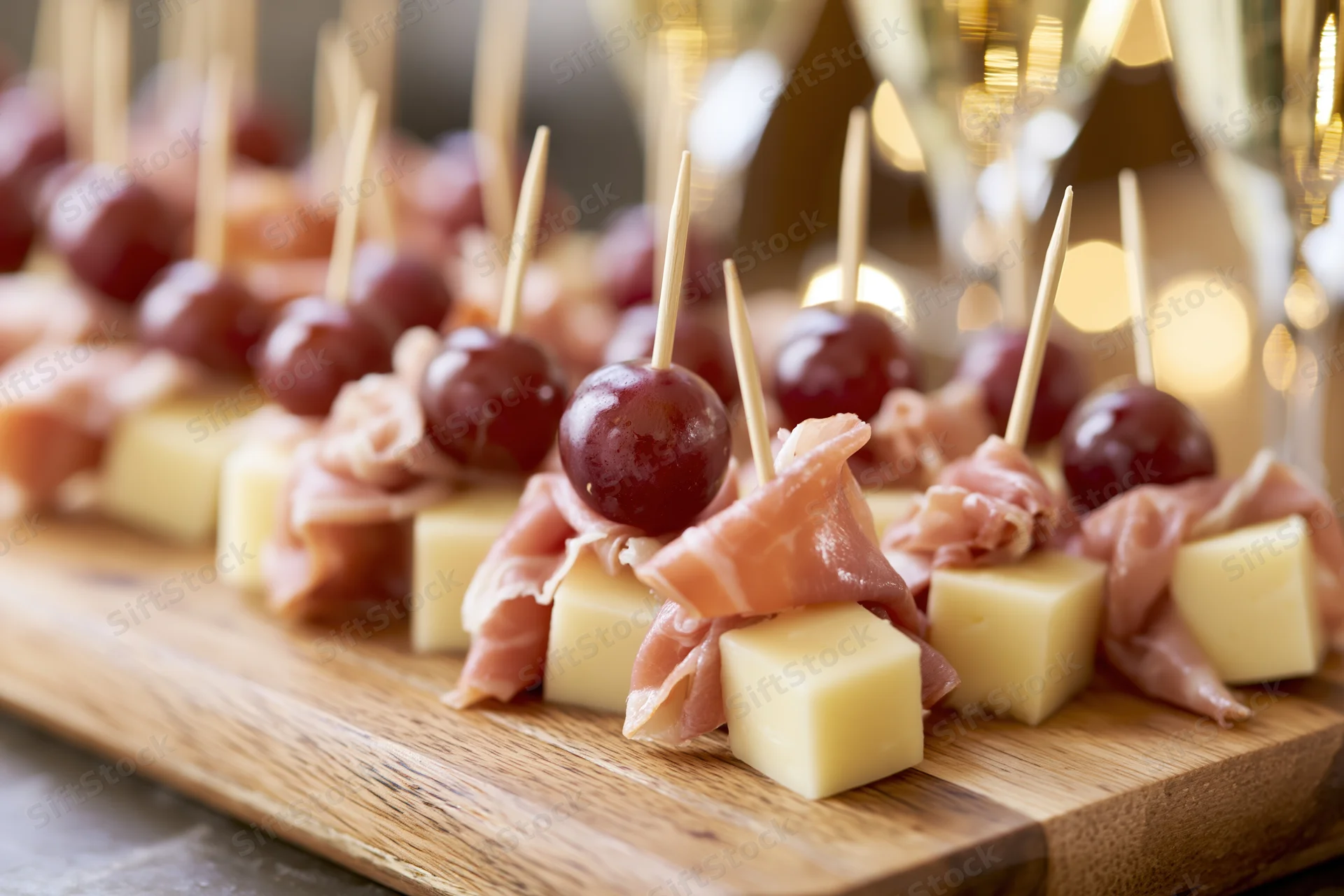 Rows of appetizer skewers with cheese, prosciutto and grapes on a wooden serving board