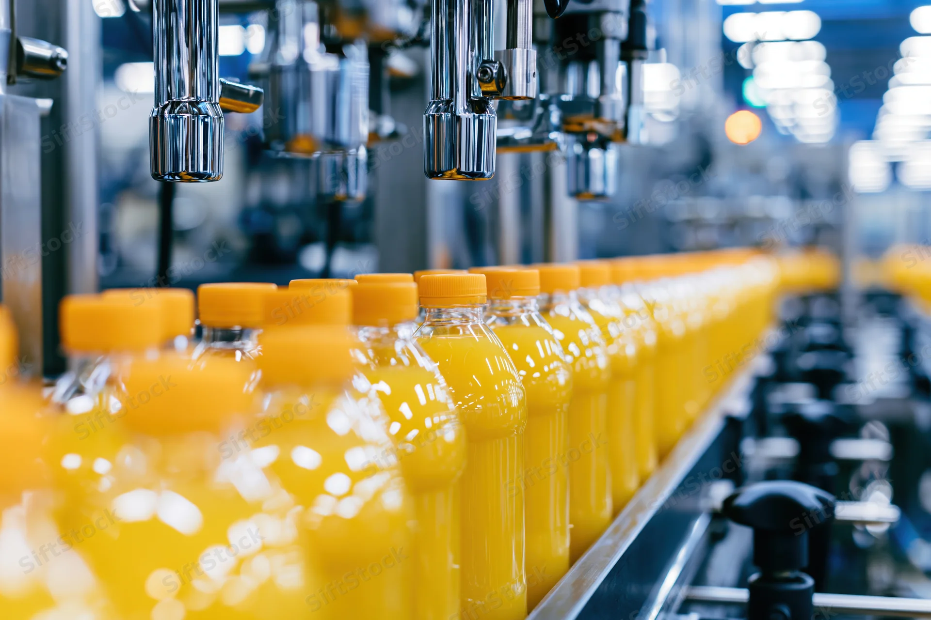 Rows of orange juice bottles moving along a conveyor in a factory production line