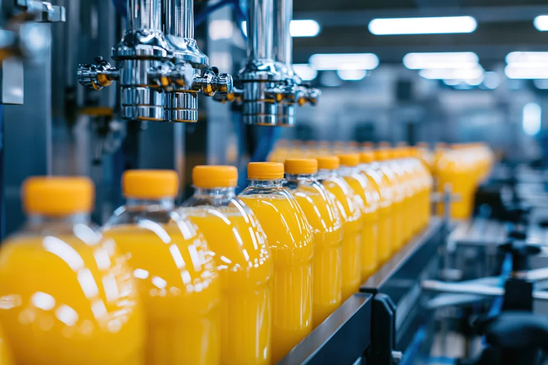 Rows of orange juice bottles moving along a conveyor in a factory bottling line