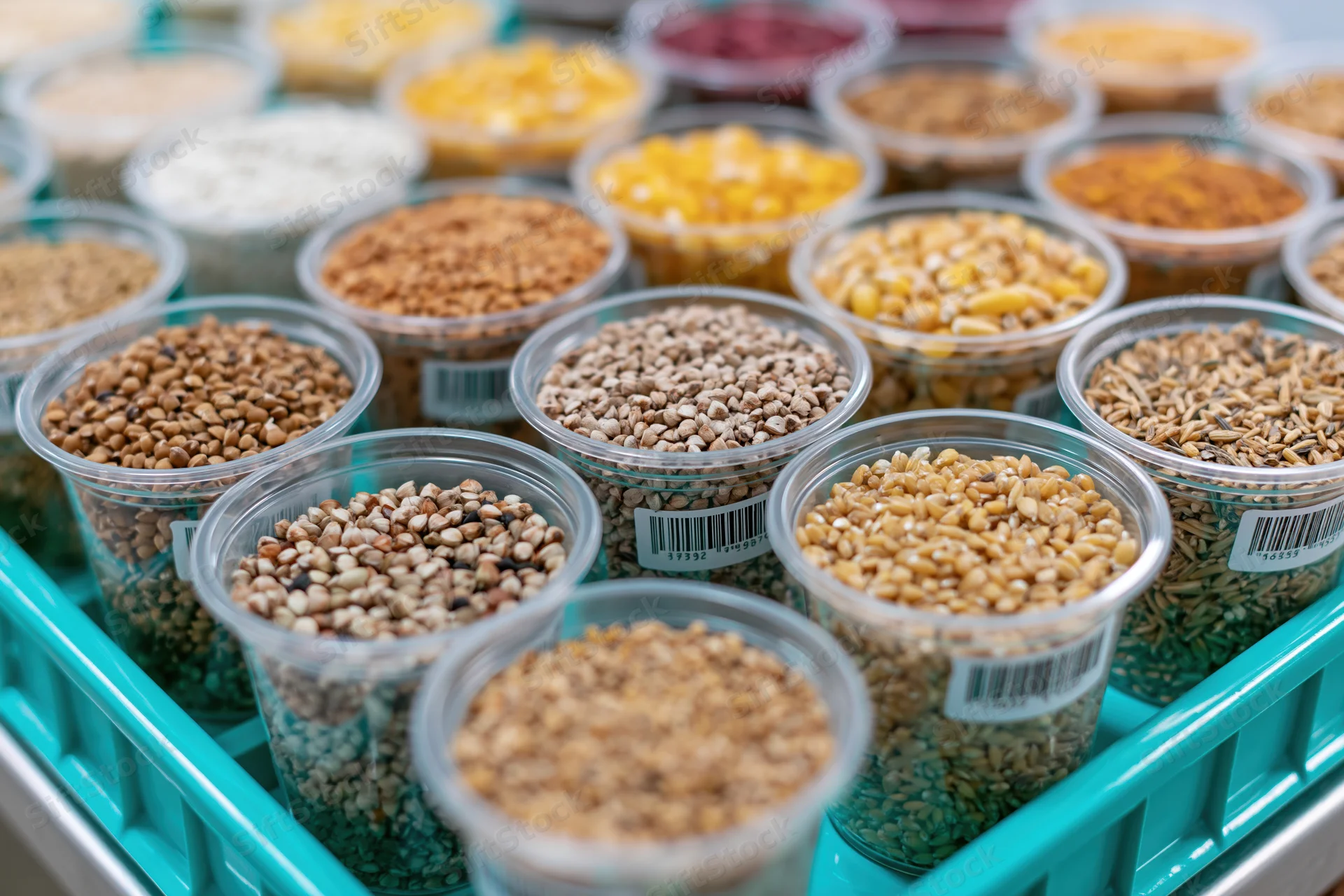 Rows of clear plastic cups filled with various grains arranged on a turquoise tray