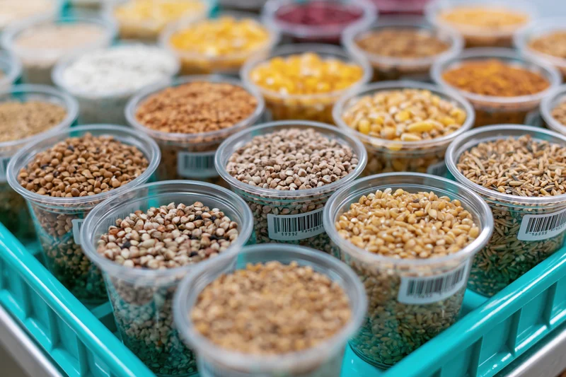 Rows of clear plastic cups filled with various grains arranged on a turquoise tray