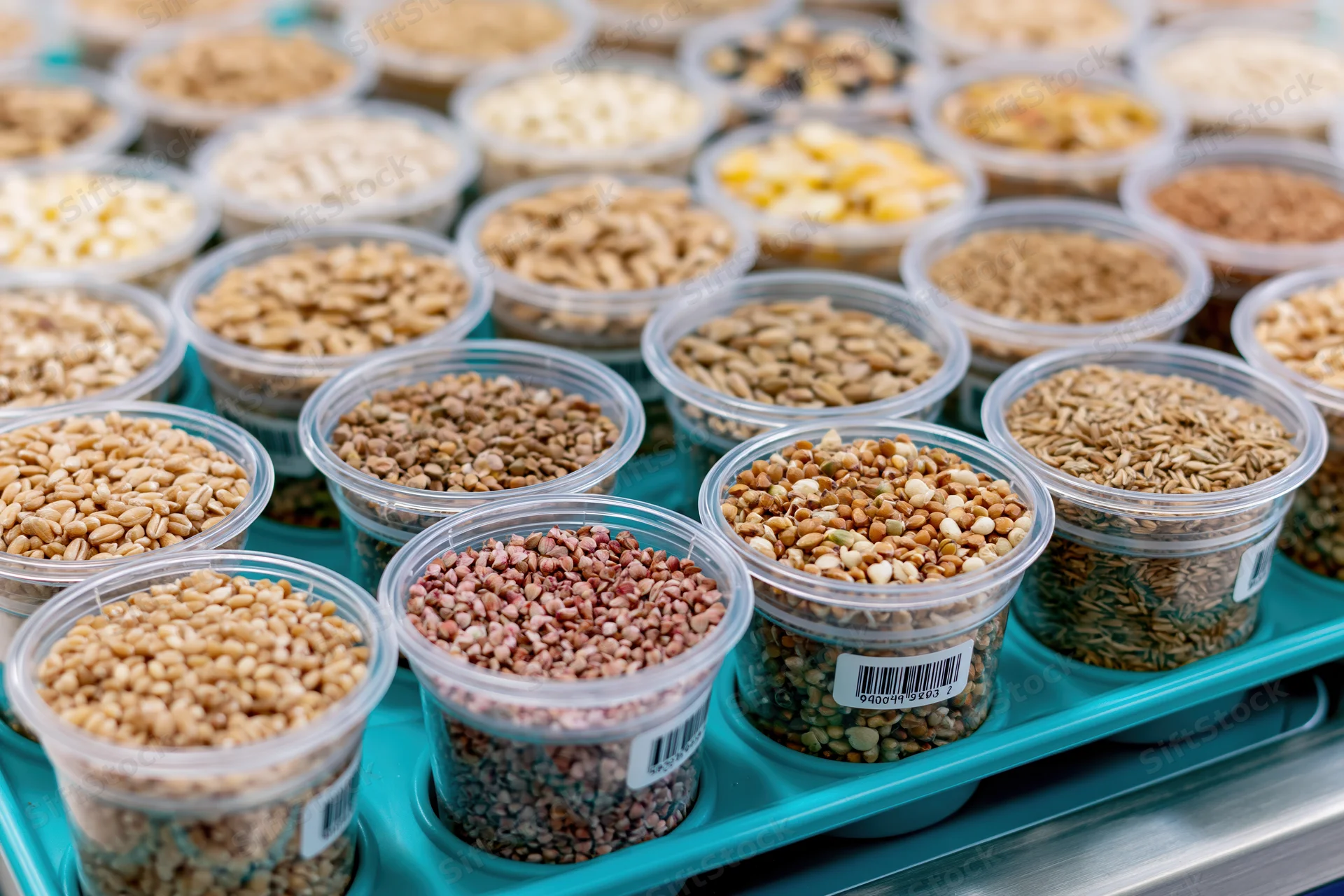 Rows of clear plastic cups filled with various grains arranged on a blue tray