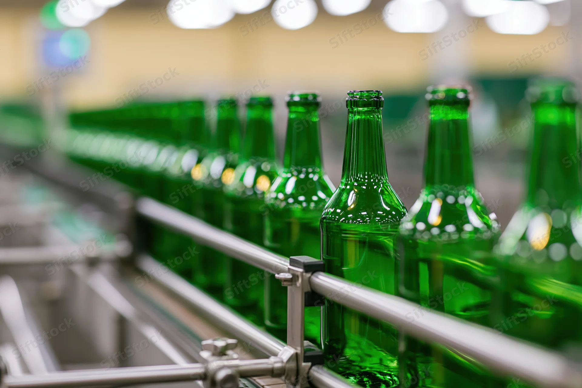Empty green glass bottles moving along a conveyor line in a factory