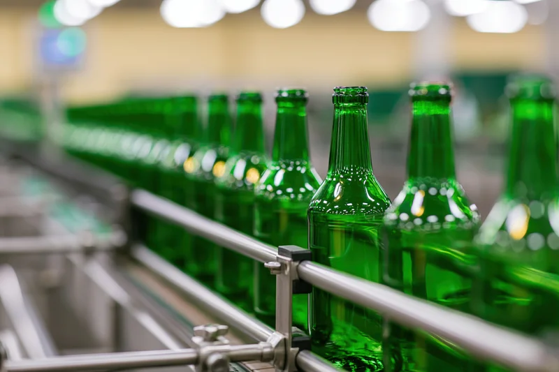 Empty green glass bottles moving along a conveyor line in a factory
