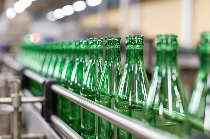 Empty green glass bottles moving along a conveyor in a factory interior