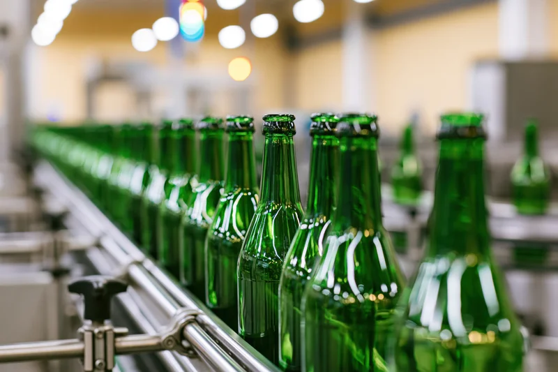 Empty green glass bottles moving along a conveyor in a factory