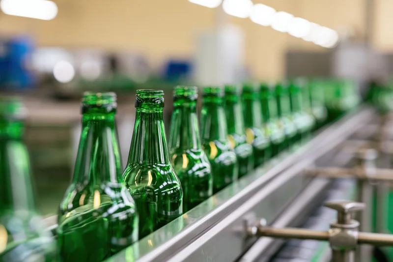 Empty green glass bottles moving along a conveyor line in a factory