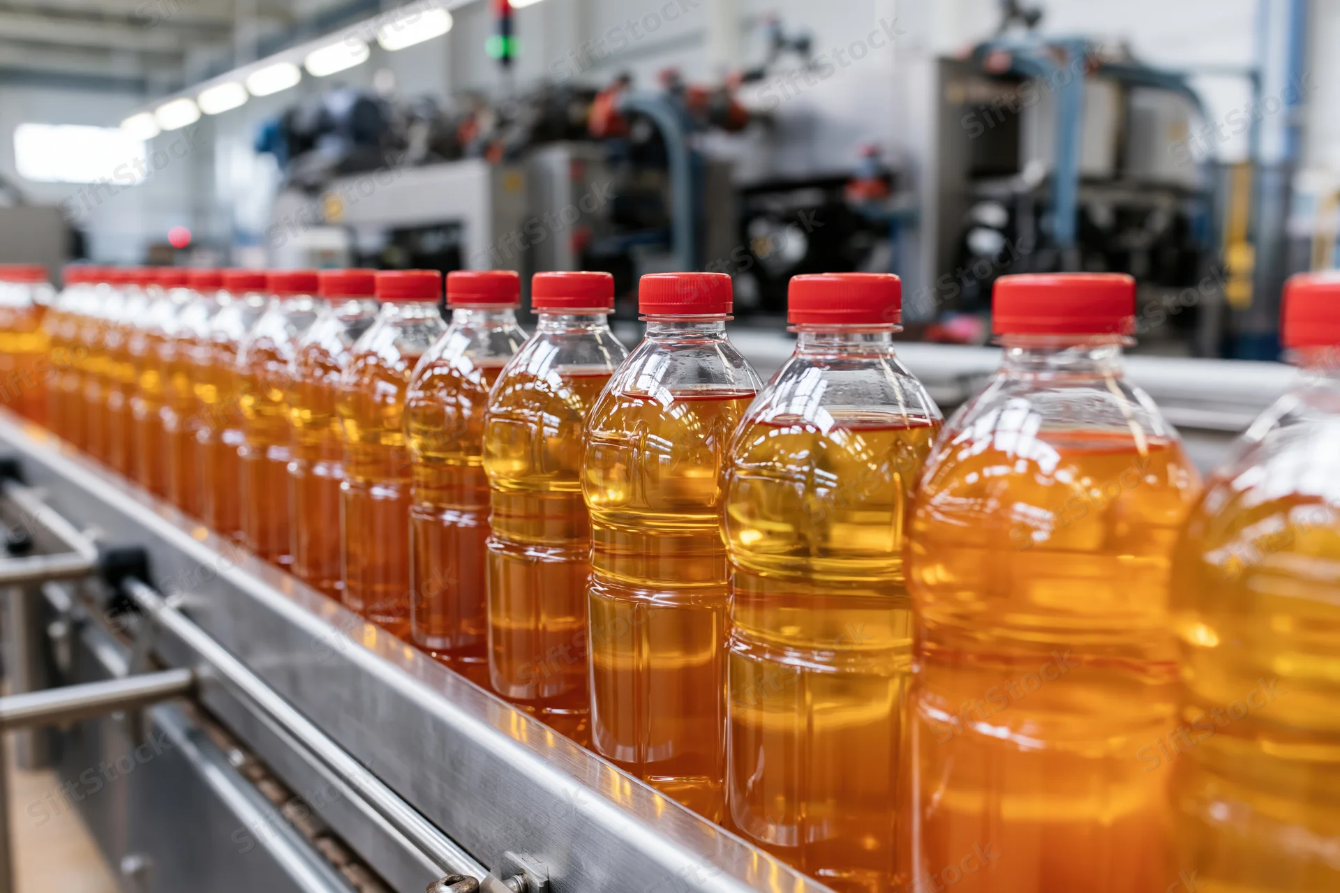 Clear plastic bottles filled with amber oil moving along a conveyor in a factory production line