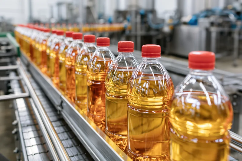 Clear plastic bottles filled with golden oil moving along a conveyor line in a factory