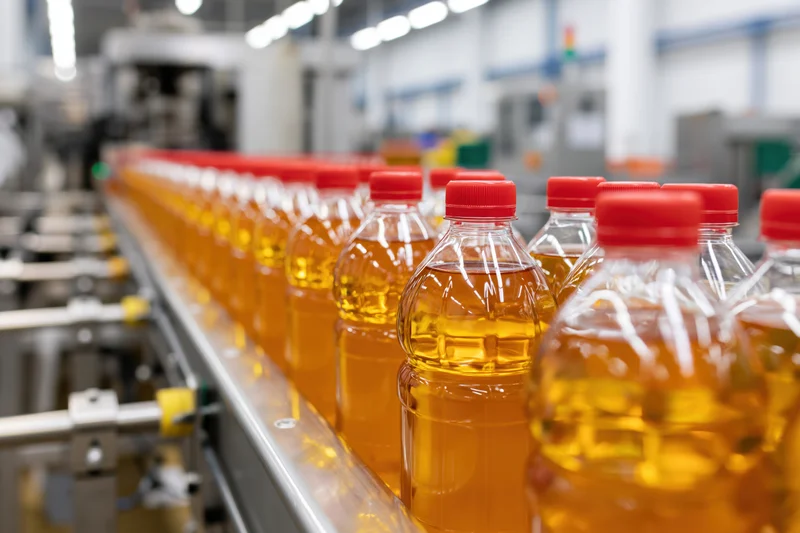 Clear plastic bottles filled with golden oil moving along a conveyor belt in a factory