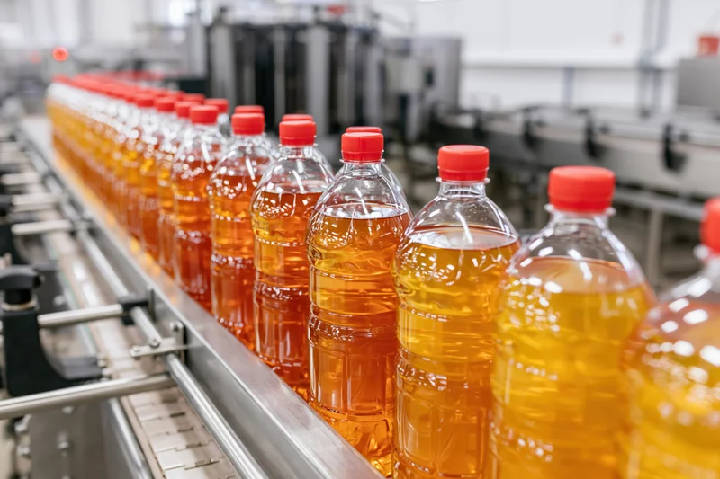Clear plastic bottles filled with amber oil moving along a conveyor belt in a factory