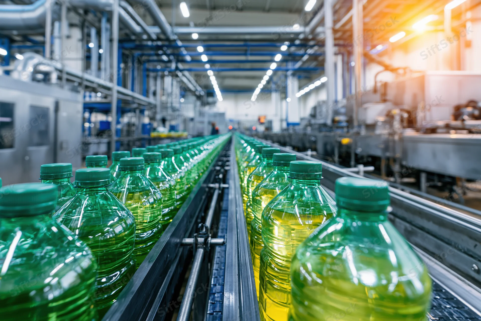 Green plastic bottles filled with liquid moving along conveyor in factory production line