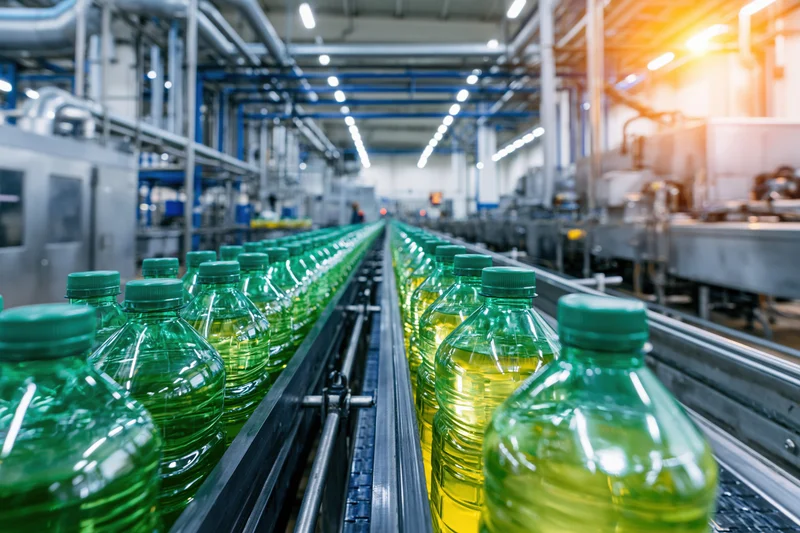 Green plastic bottles filled with liquid moving along conveyor in factory production line