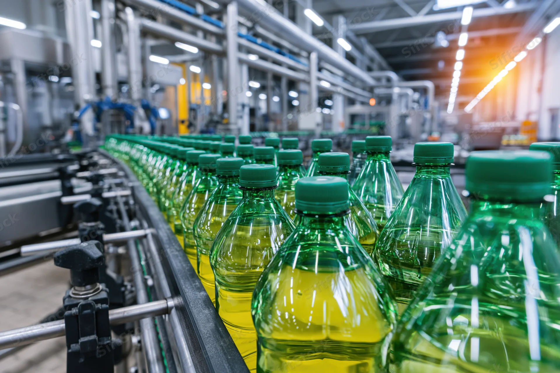 Green plastic bottles filled with yellow liquid moving along conveyor in factory