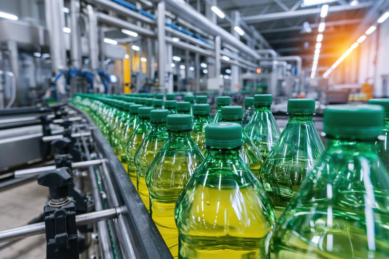 Green plastic bottles filled with yellow liquid moving along conveyor in factory