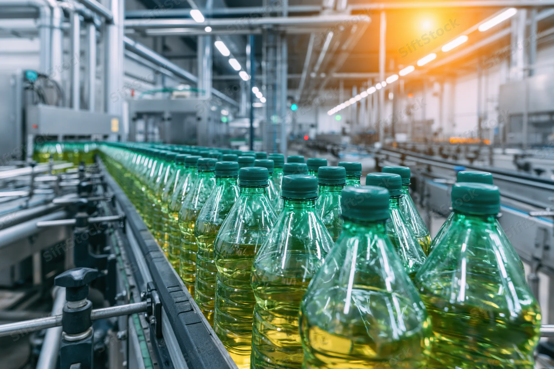 Green plastic bottles filled with oil moving along conveyor in factory
