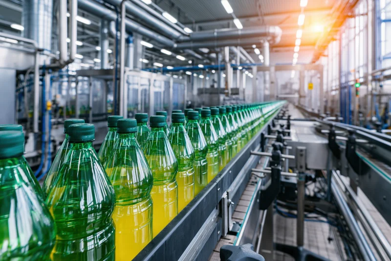 Green plastic bottles filled with yellow liquid moving along conveyor in factory