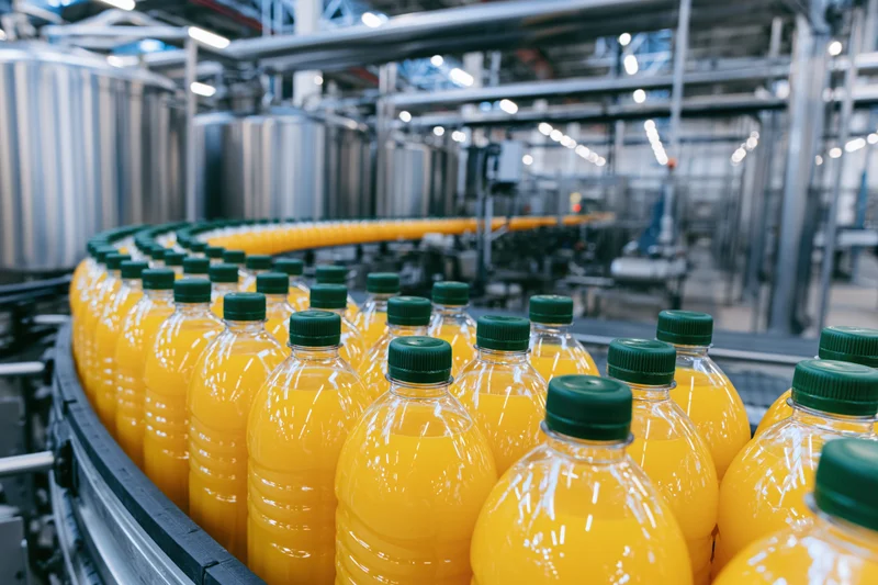 Rows of orange juice plastic bottles with green caps moving along a conveyor in a factory