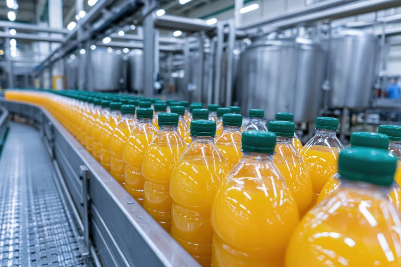 Rows of orange juice plastic bottles with green caps moving along a conveyor belt in a factory