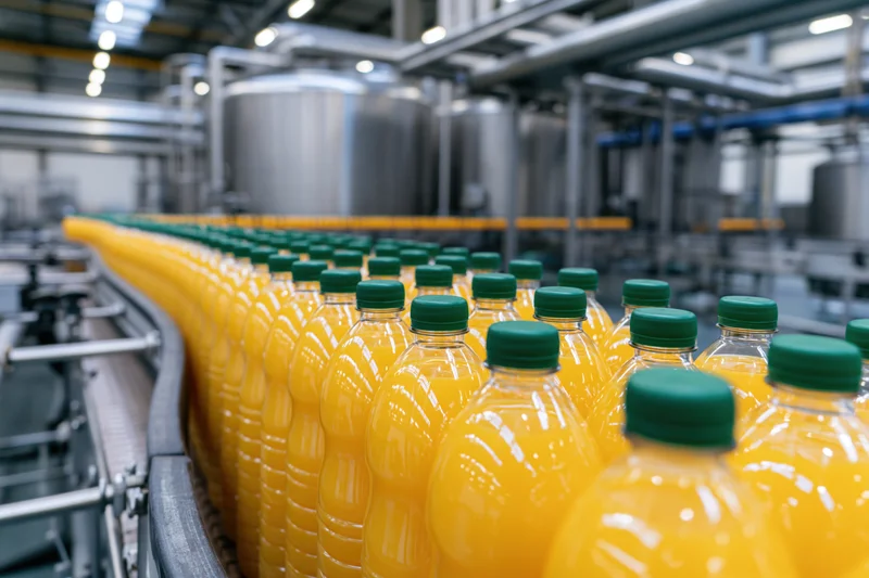 Rows of orange juice plastic bottles with green caps moving along a conveyor in a factory