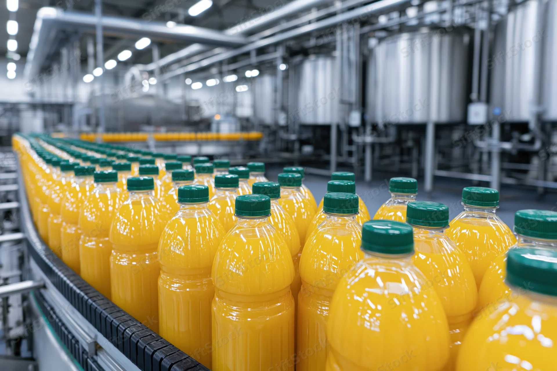 Rows of orange juice plastic bottles with green caps moving along a conveyor in a factory