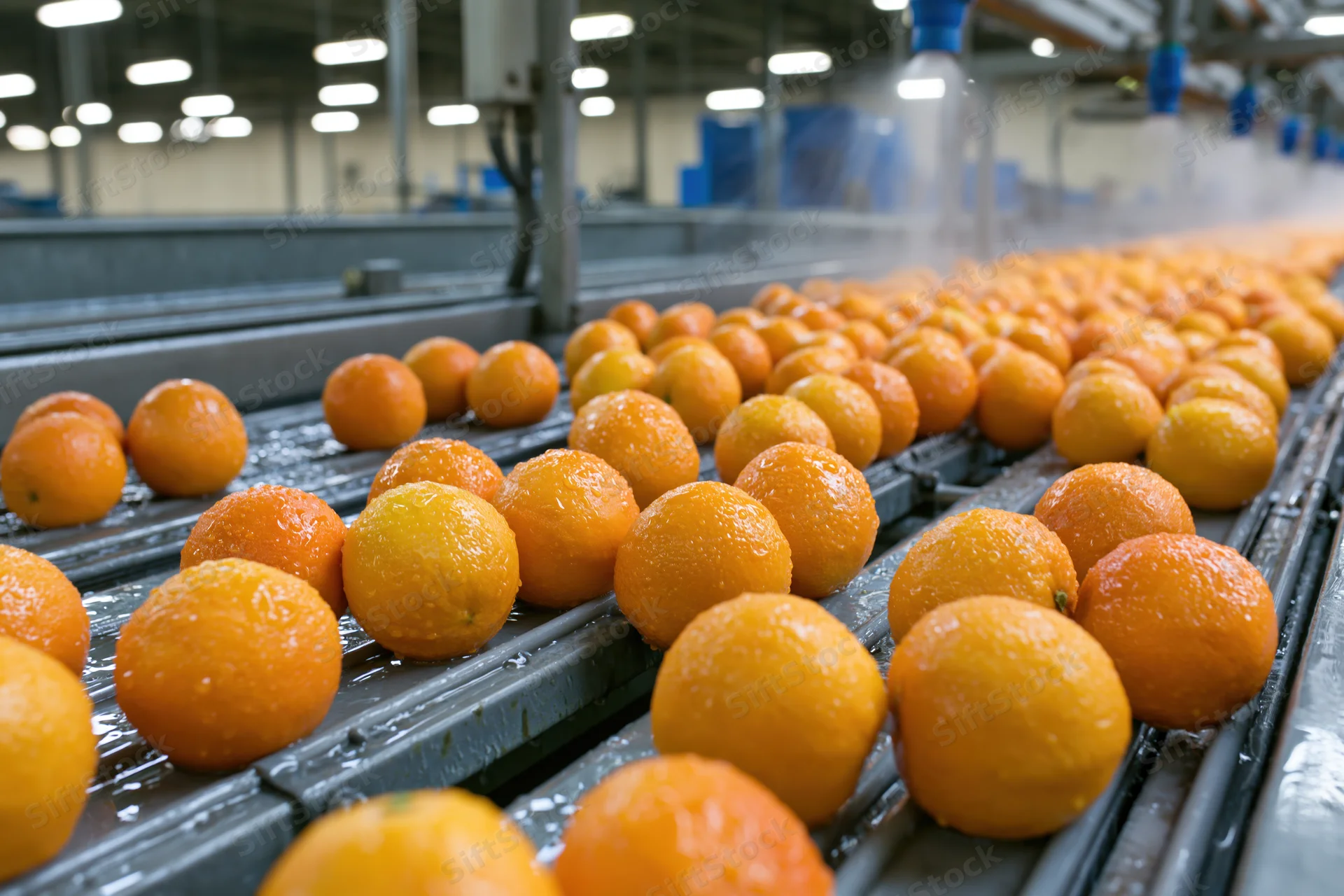 Fresh oranges moving along industrial conveyor belts in a processing facility
