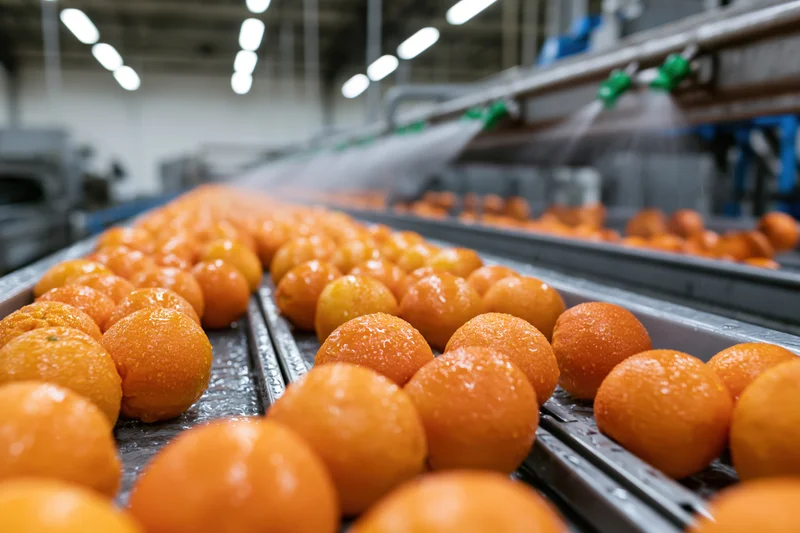 Fresh oranges moving along industrial conveyor belts in a processing facility