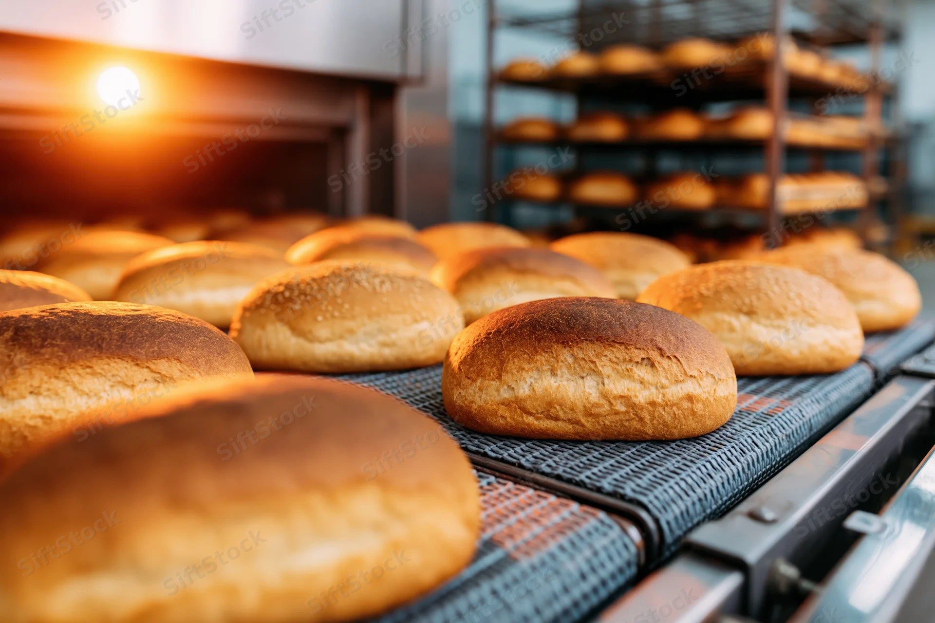 Freshly baked golden-brown bread loaves moving along a conveyor belt in a bakery
