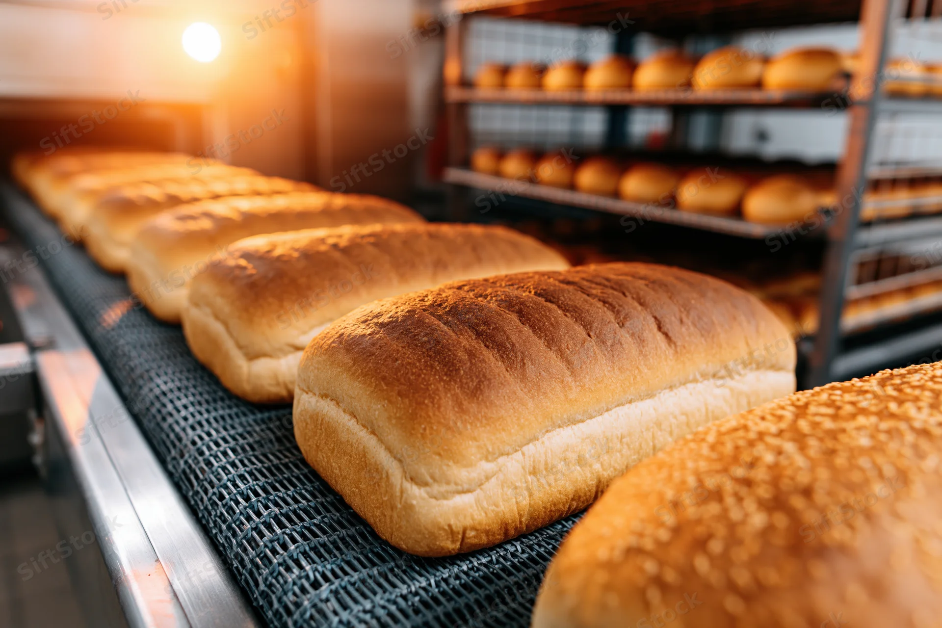 Freshly baked bread loaves moving along a conveyor belt in a bakery production line