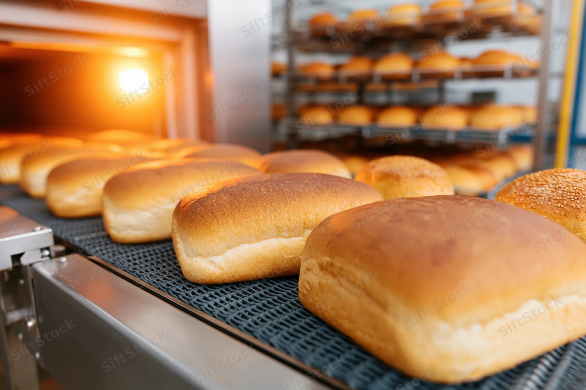 Freshly baked bread loaves moving along a conveyor belt in a bakery production line